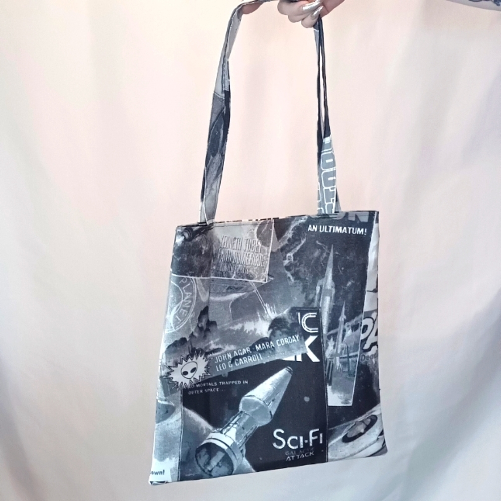 Black & White Scifi Print Tote Bag.